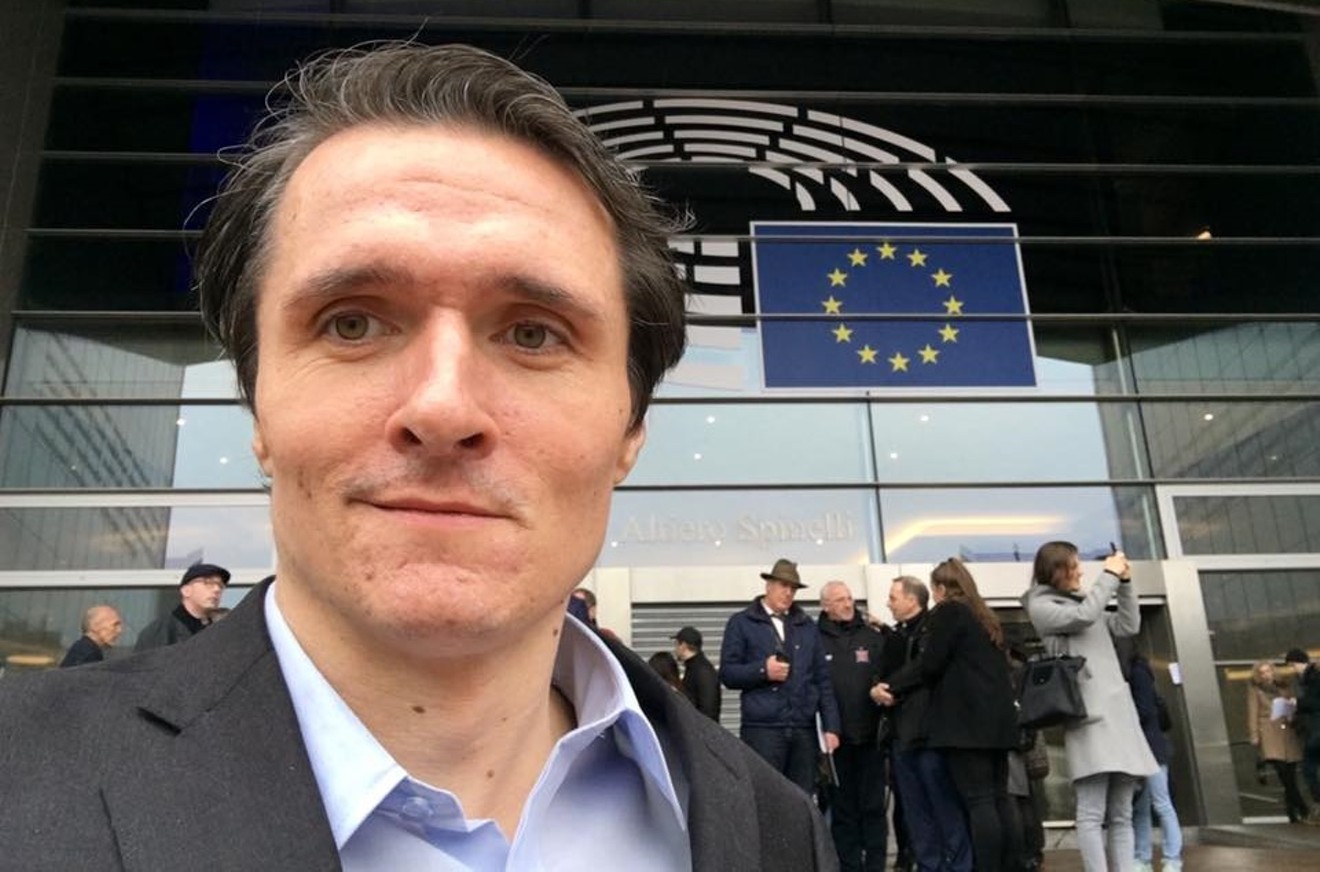Paul Horner at the European Parliament building in Brussels for a conference on fake news.