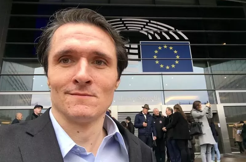 Image: Paul Horner at the European Parliament building in Brussels for a conference on fake news.
