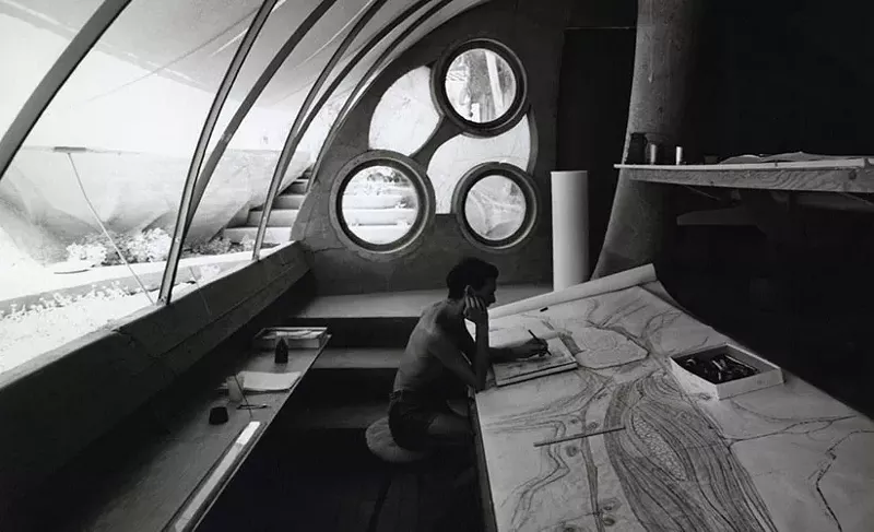 Image: Stuart A. Weiner, [Soleri sketching at his desk, Cosanti], ca. 1960. Gelatin-silver print, 10 x 8 inches. Collection of the Cosanti Foundation. © The Weiner Estate