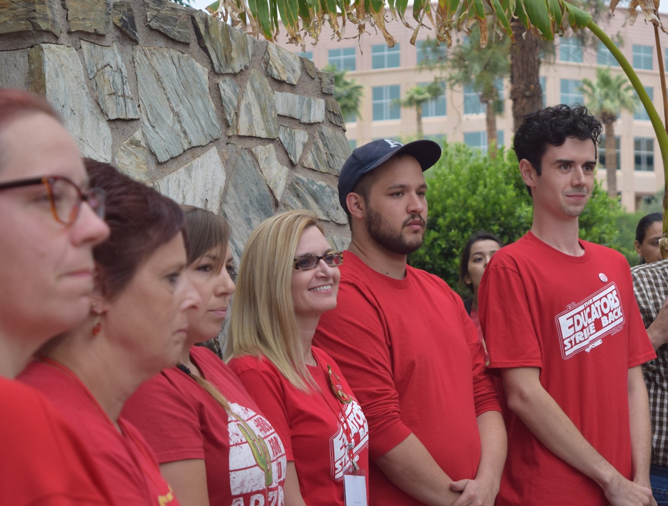 #RedForEd leaders said that they would go back to class on Thursday if the Legislature approves a budget. From right: Noah Karvelis, Dylan Wegela, Catherine Barrett, Rebecca Garelli, and Kelley Fisher.