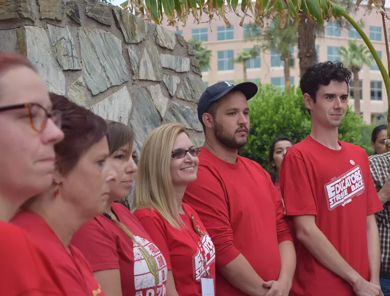 Image: #RedForEd leaders said that they would go back to class on Thursday if the Legislature approves a budget. From right: Noah Karvelis, Dylan Wegela, Catherine Barrett, Rebecca Garelli, and Kelley Fisher.