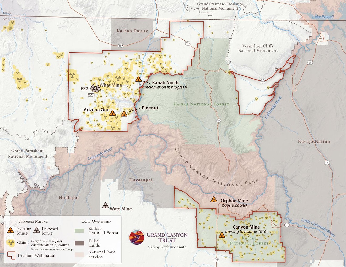 Areas covered by the Obama administration's moratorium on uranium mining are lined in red.