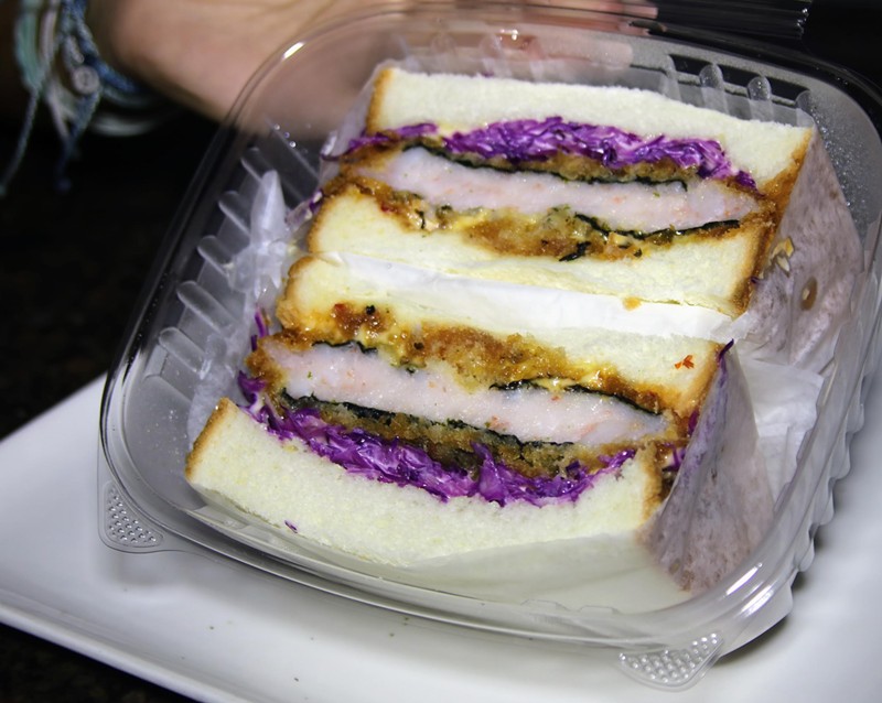 Fatboy Sandos serves a selection of artfully crafted sandwiches, including this secret menu item stuffed with pork katsu and shrimp ebi katsu.