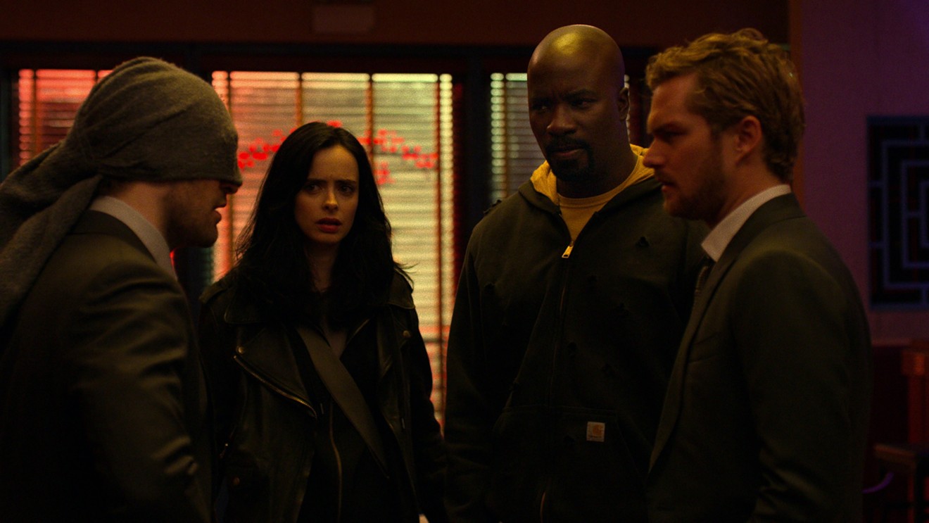 The Defenders are a mighty Marvel force in a Netflix show that stars (from left) Charlie Cox, Krysten Ritter, Mike Colter, and Finn Jones.