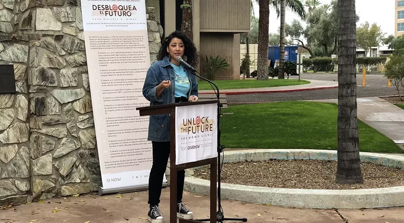 Image: Alejandra Pablos, a reproductive-rights activist who has been in deportation proceedings since 2011, spoke about the importance of combating laws that mandate deportation for certain offenses (she was originally arrested for a DUI), as well as the decriminalization of migration in general. She spent two years in Eloy Detention Center for the crime, while she said most U.S. citizens simply receive probation.