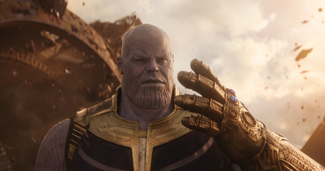 A motion-capture facsimile of Josh Brolin appears as Thanos, Avengers: Infinity War's brooding purple titan who, as the greatest villain in the universe, aims to blink away half the population of existence.